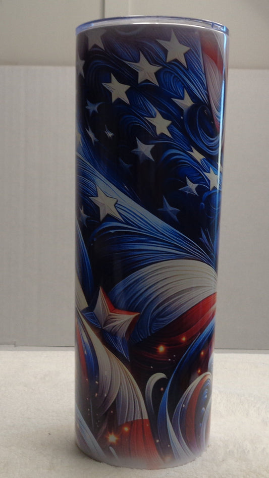 20 oz tumbler with a patriotic American flag design, featuring blue and white stars and red, white, and blue abstract swirls. 
