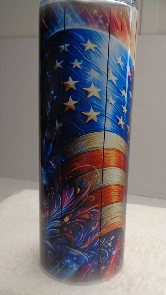 20 oz tumbler with a printed American flag design featuring blue, red, and white stripes and white stars. 